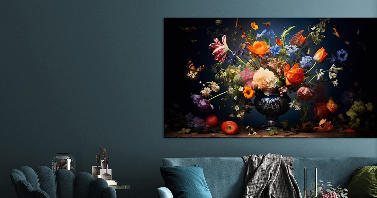 Kleurrijk bloemenstilleven met tulpen en pioenen – Boeketreeks 5 als wanddecoratie in een interieur