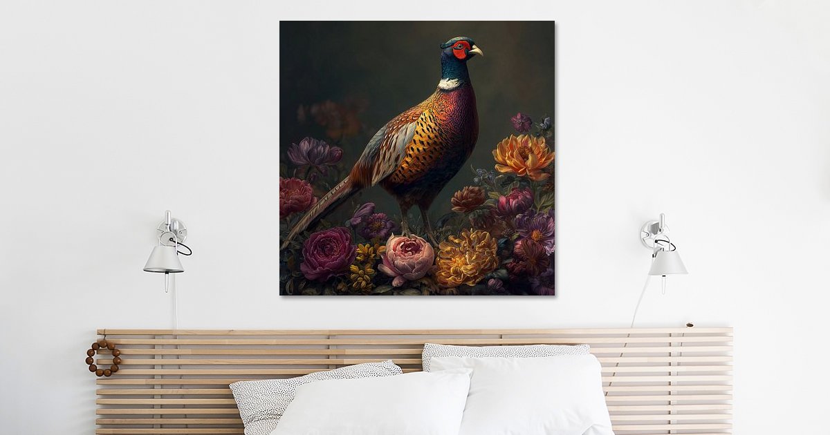Kleurrijke Fazant – Vogel met Bloemen als wanddecoratie in een stijlvol interieur