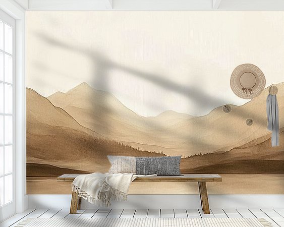 Serene Berglandschappen – Japandi Woonstijl als wanddecoratie in een stijlvol interieur