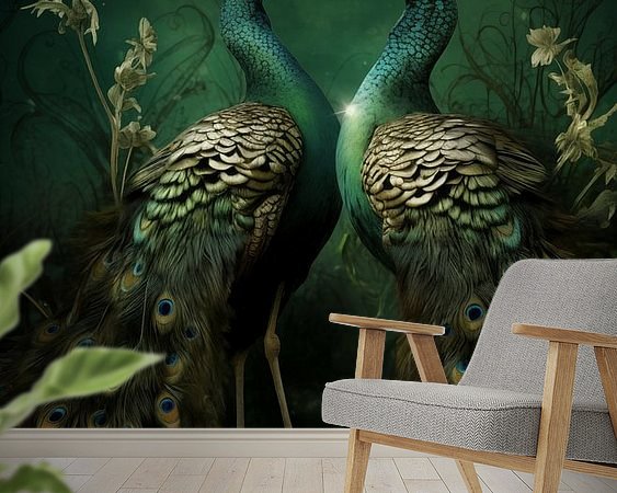 Pauwenliefde als wanddecoratie in een stijlvol interieur