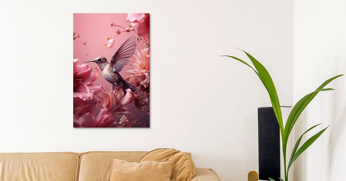 Kolibrie met roze bloemen als wanddecoratie in een stijlvol interieur