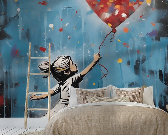 Meisje met rode ballon als wanddecoratie in een stijlvol interieur