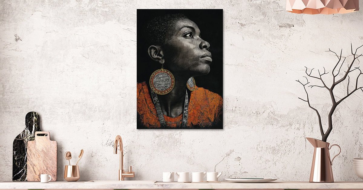 Portret van Afrikaanse vrouw met grote oorbellen als wanddecoratie in een interieur
