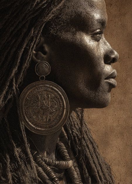 Portret van Afrikaanse vrouw met dreadlocks en grote oorbellen — digitale portretkunst van Danny van Eldik