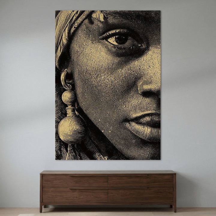 Close-up portret van Afrikaanse vrouw met hoofddoek en ronde oorbel — digitale portretkunst van Danny van Eldik