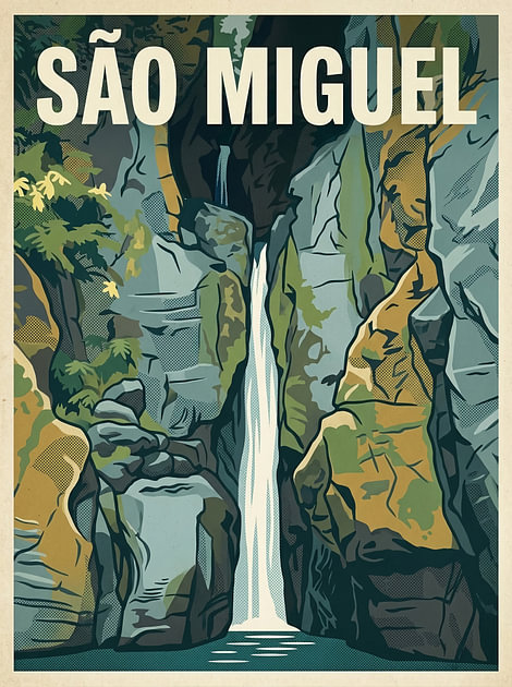 Vintage Reisposter São Miguel – Waterval Salto do Cabrito in de Kloof op de Azoren