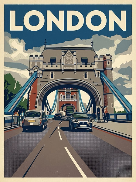 Vintage Reisposter London – Tower Bridge met Klassieke Black Cab over de Theems