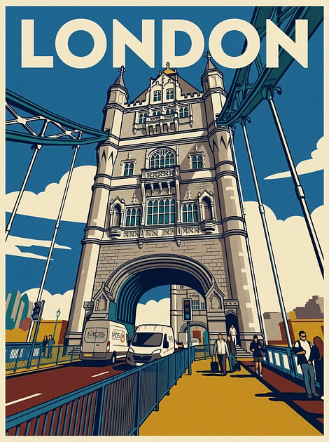 Vintage Reisposter London – Monumentale Toren van Tower Bridge en Stadsleven