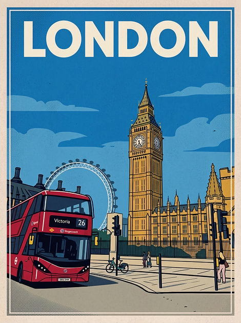 Vintage Reisposter London – Big Ben, Rode Dubbeldekker en London Eye