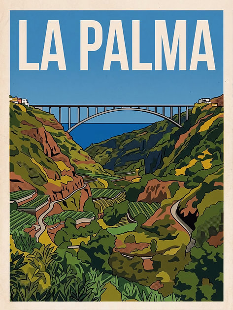 Vintage Reisposter La Palma – Puente de Los Tilos en Groene Barranco op de Canarische Eilande