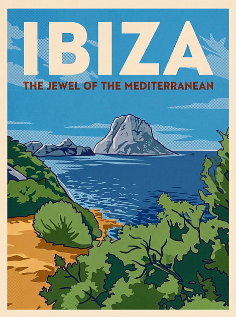 Vintage Reisposter Ibiza – Magisch Uitzicht op Rots Es Vedrà aan de Middellandse Zee