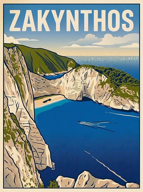 Vintage Reisposter Zakynthos – Shipwreck Beach en Krijtrotsen van Navagio Bay