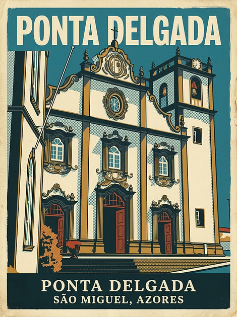 Vintage Reisposter Ponta Delgada – Historische Kerk Igreja Matriz op São Miguel, Azoren