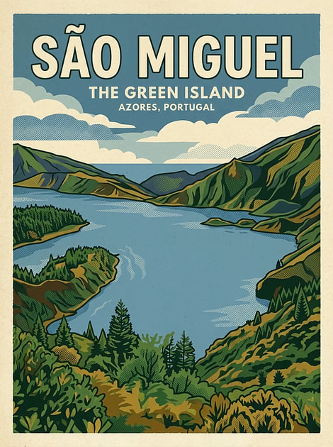 Vintage Reisposter São Miguel – Kratermeer Lagoa do Fogo op de Azoren, Portugal