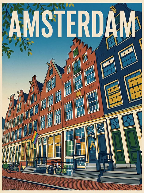 Vintage Reisposter Amsterdam – Karakteristieke Grachtenpanden in de Jordaan met Trapgeve