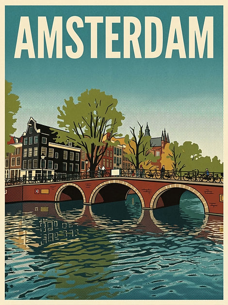 Vintage Reisposter Amsterdam – Klassieke Boogbrug over de Gracht en Historische Gevels