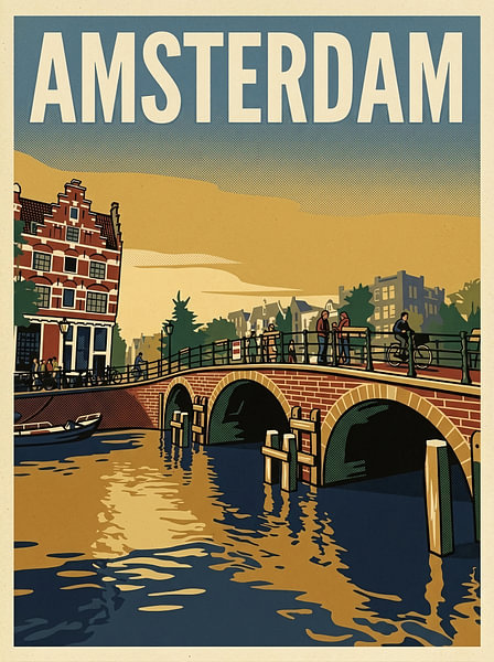 Vintage Reisposter Amsterdam – Karakteristieke Boogbrug en Grachtenpand bij Avondzon