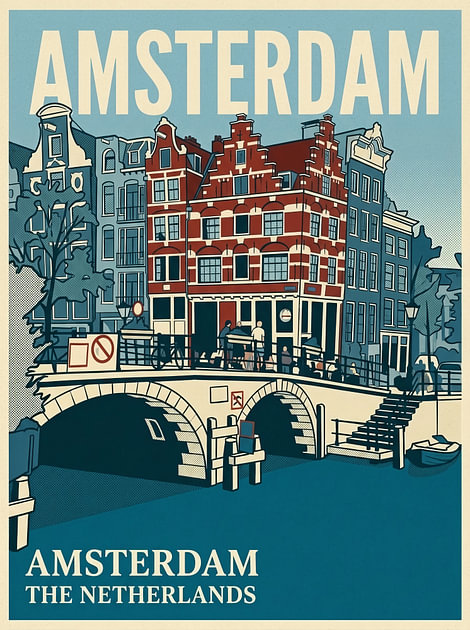 Vintage Reisposter Amsterdam – Karakteristiek Hoekpand en Boogbrug aan de Gracht