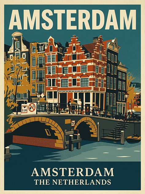 Vintage Reisposter Amsterdam – Herfst aan de Grachten met Historisch Hoekpand en Stenen Brug