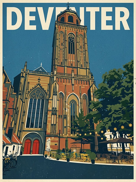 Vintage Reisposter Deventer – Lebuinuskerk en Gezellige Terrassen in de Hanzestad