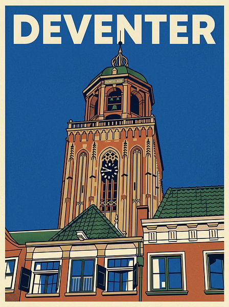 Vintage Reisposter Deventer – Karakteristieke Lebuinustoren boven Historische Daken