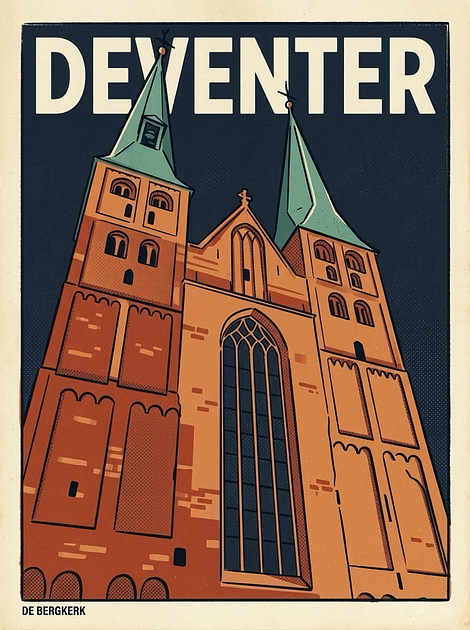Vintage Reisposter Deventer – Karakteristieke Bergkerk met Dubbele Torens in het Bergkwartier