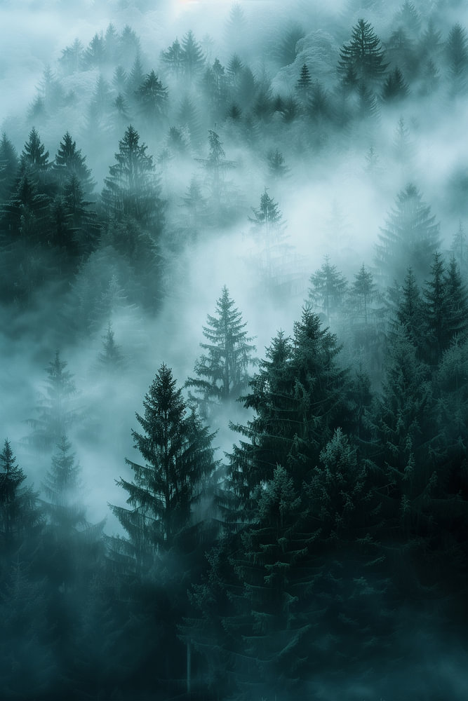 Verdwaald in de Mist | Mystiek Dennenbos in Blauwgroen