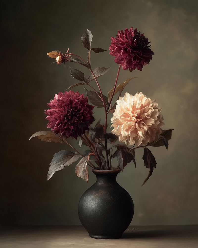 Bourgondische Dahlia’s | Donker Botanisch Stilleven met Bloemen