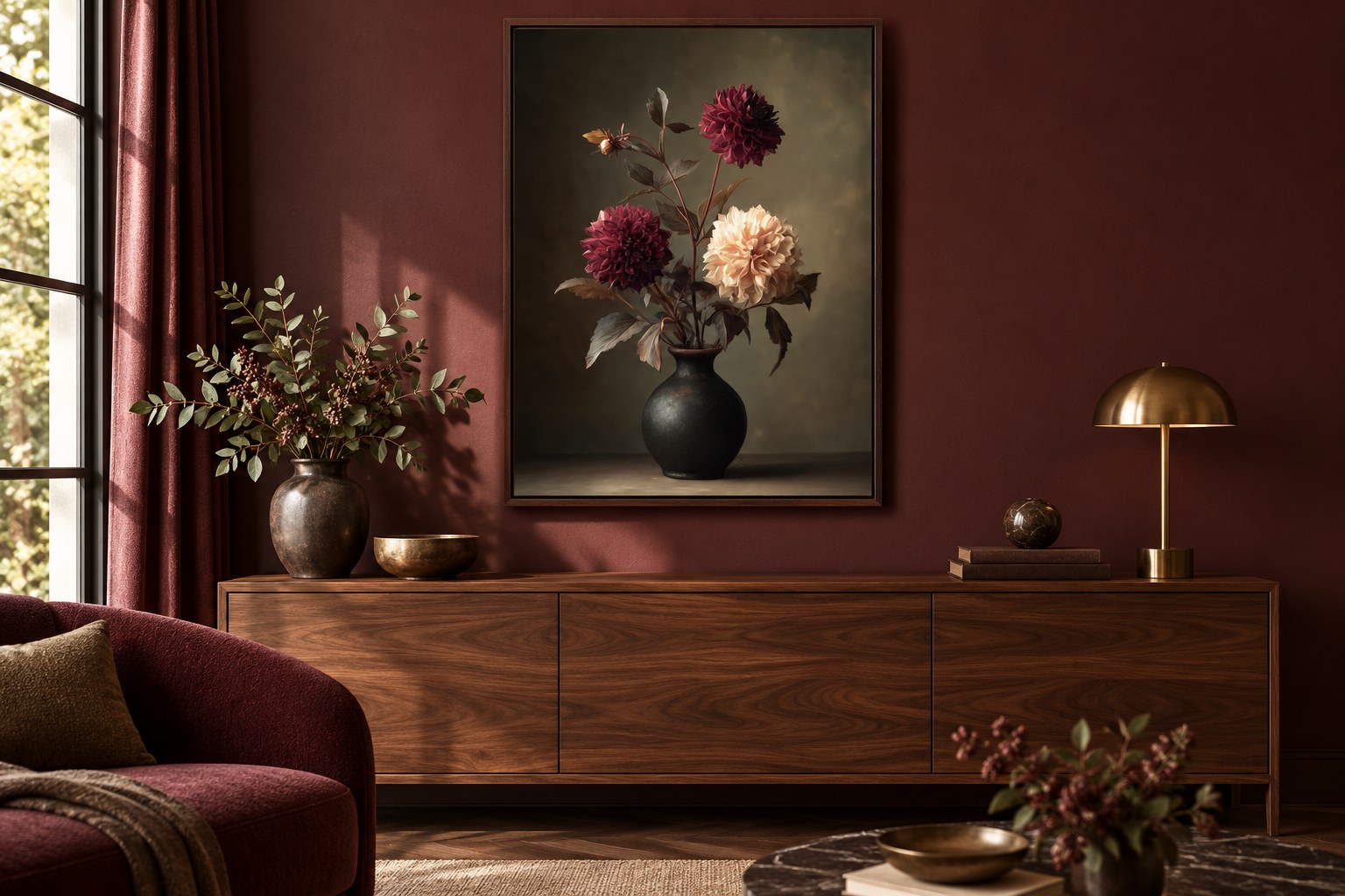 Bourgondische Dahlia’s boven een dressoir in een warm donker interieur